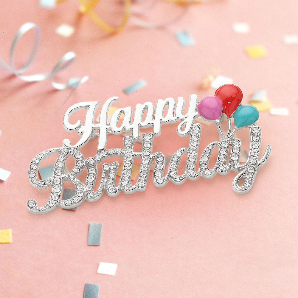 Madeline Love Clear, Rhodium Stone Paved Happy Birthday Message Pin Brooch - Brooches