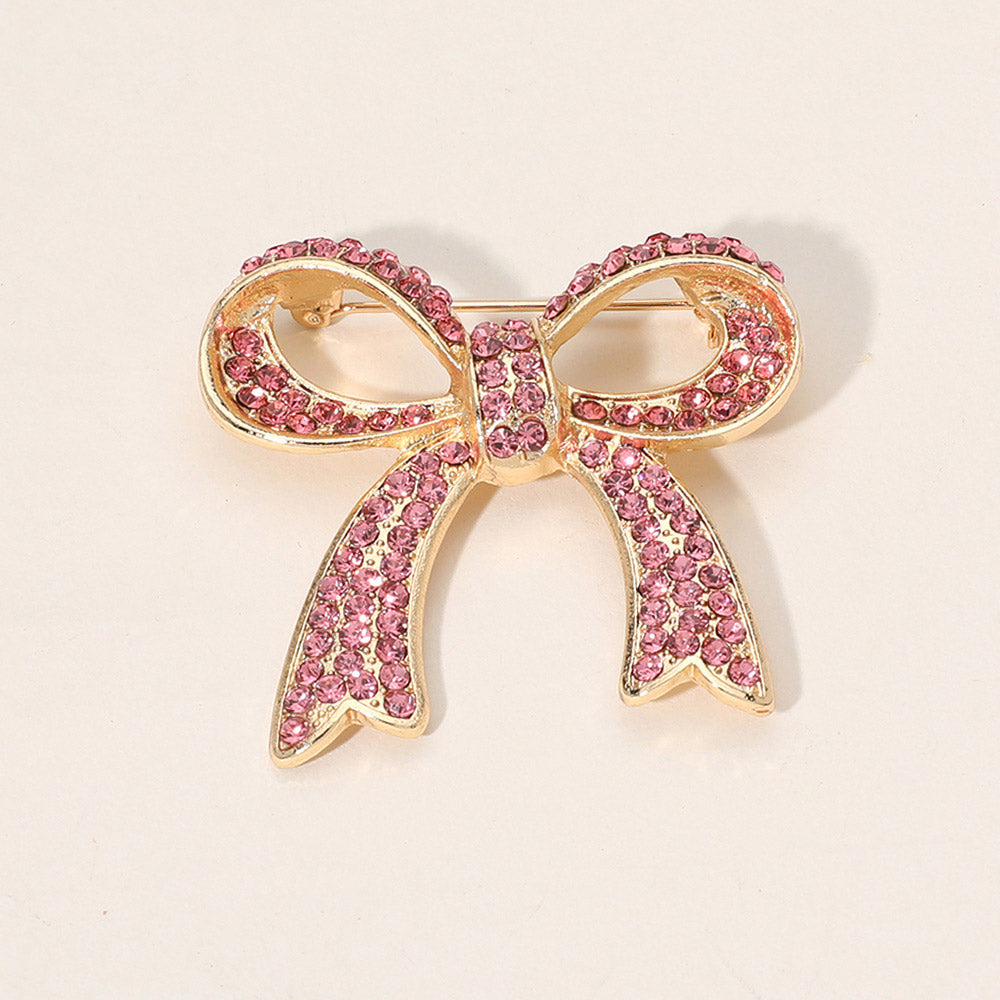 Madeline Love Gold, Pink Stone Paved Bow Pin Brooch