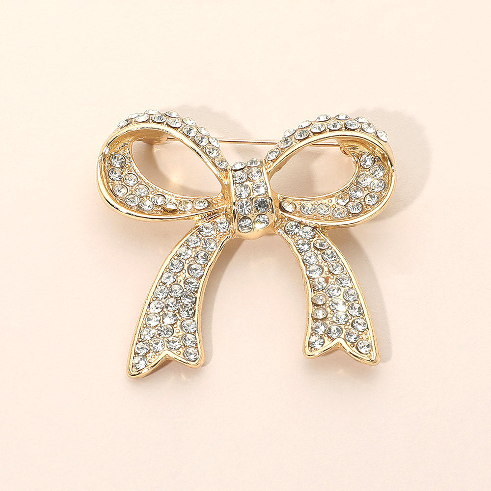 Madeline Love Clear, Gold Stone Paved Bow Pin Brooch