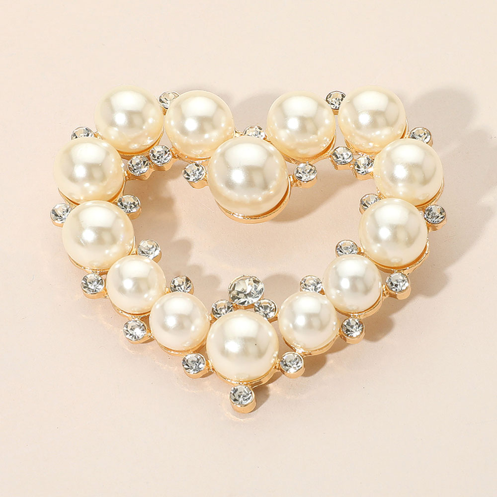 Madeline Love Cream, Gold Pearl Stone Embellished Heart Pin Brooch