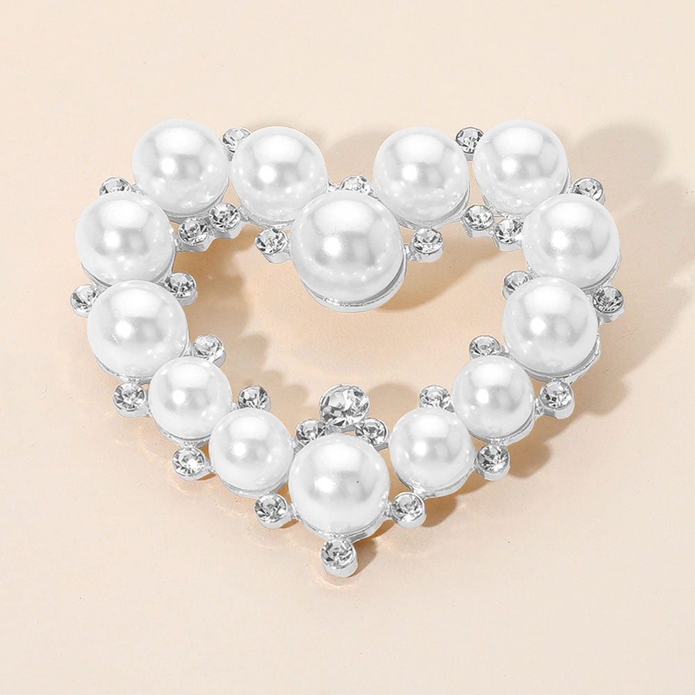 Madeline Love Rhodium, White Pearl Stone Embellished Heart Pin Brooch