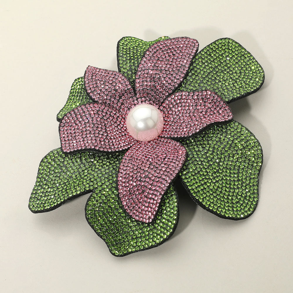 Madeline Love Pink&Green Pearl Accent Bling Studded Flower Pin Brooch Alligator Snap Hair Clip - Brooches
