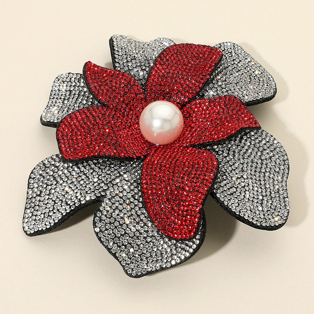 Madeline Love Clear, Siam Pearl Accent Bling Studded Flower Pin Brooch Alligator Snap Hair Clip - Brooches