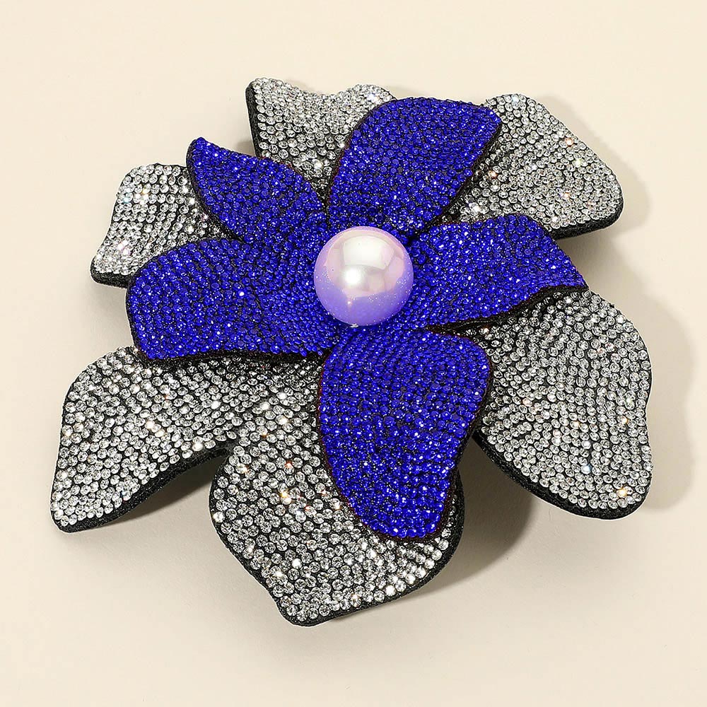 Madeline Love Clear, Sapphire Pearl Accent Bling Studded Flower Pin Brooch Alligator Snap Hair Clip - Brooches