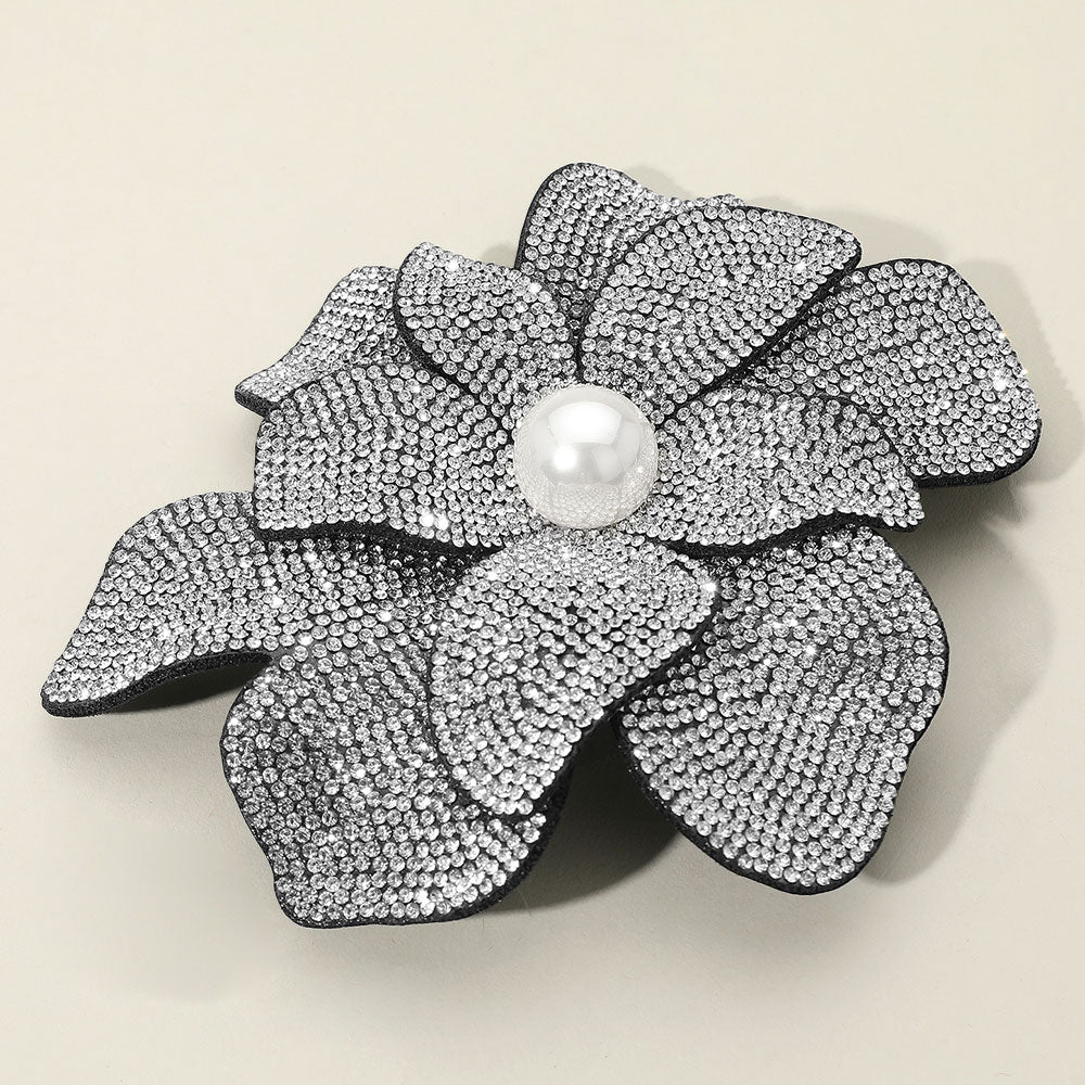 Madeline Love Clear Pearl Accent Bling Studded Flower Pin Brooch Alligator Snap Hair Clip - Brooches