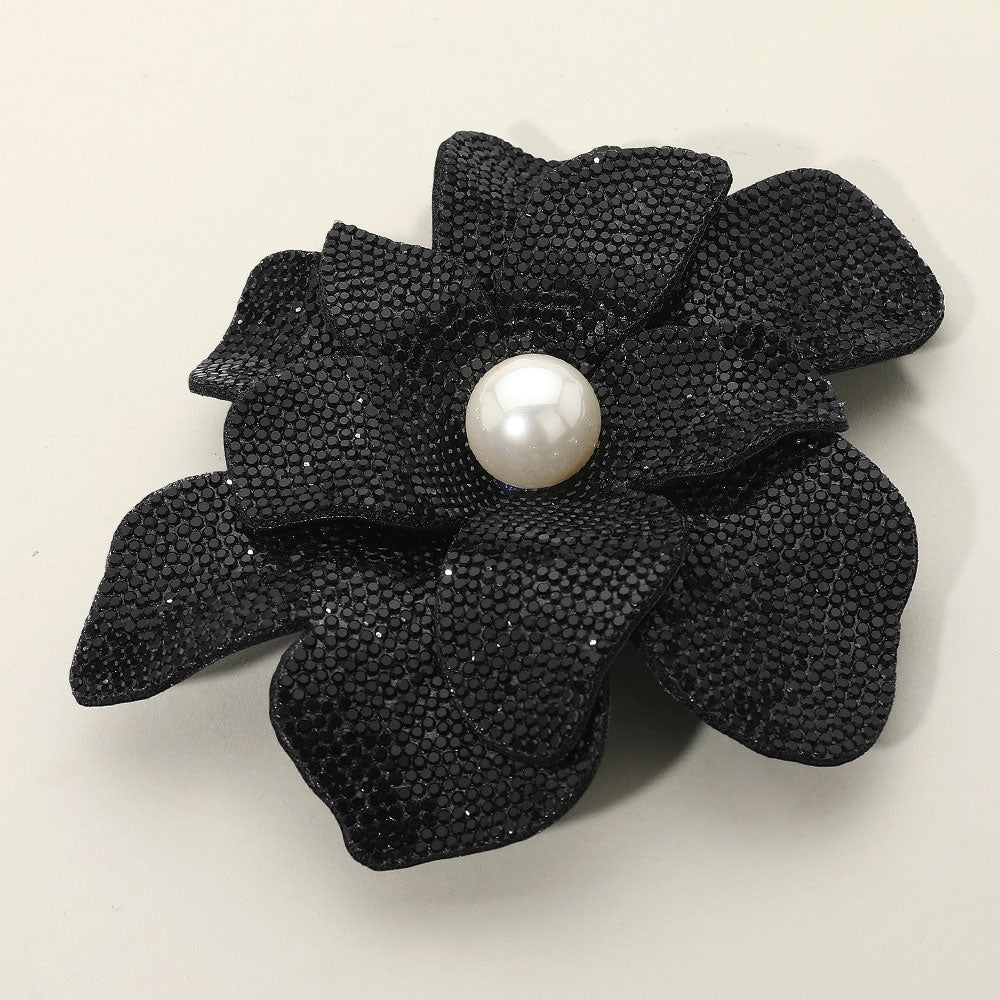 Madeline Love Jet Black Pearl Accent Bling Studded Flower Pin Brooch Alligator Snap Hair Clip - Brooches