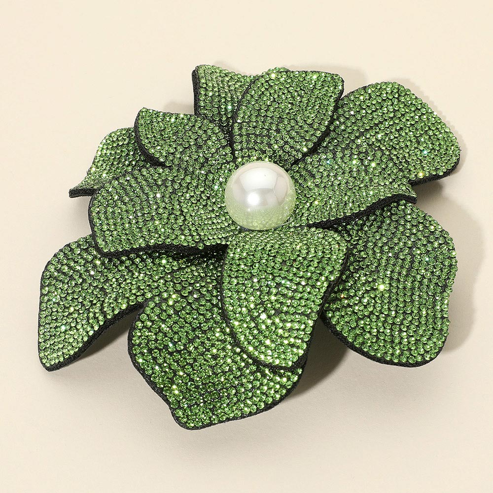 Madeline Love Lime Pearl Accent Bling Studded Flower Pin Brooch Alligator Snap Hair Clip - Brooches