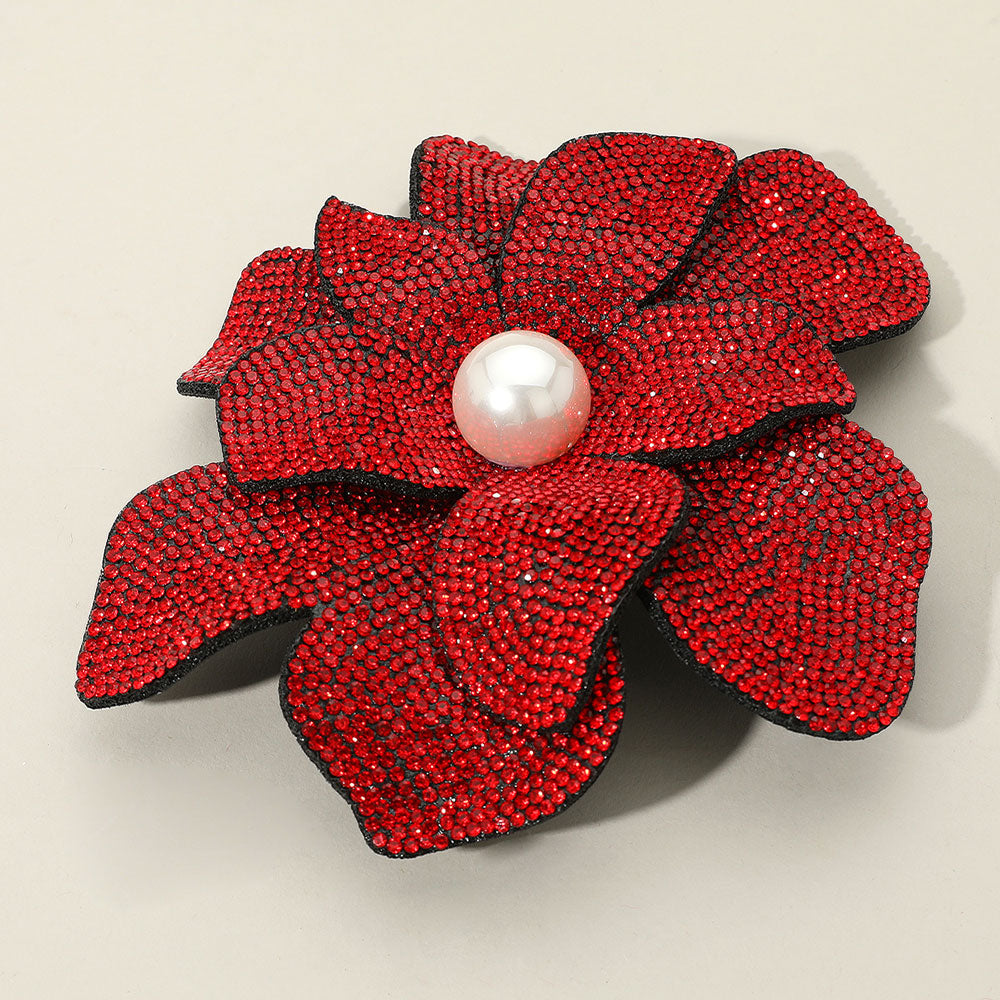 Madeline Love Red Pearl Accent Bling Studded Flower Pin Brooch Alligator Snap Hair Clip - Brooches