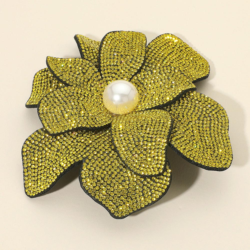Madeline Love Yellow Pearl Accent Bling Studded Flower Pin Brooch Alligator Snap Hair Clip - Brooches