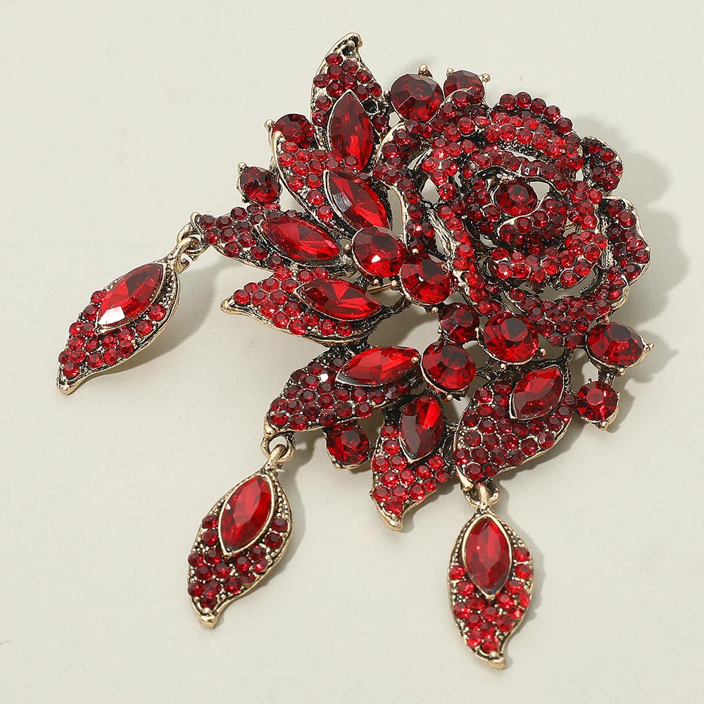 Madeline Love Red Rhinestone Embellished Rose Flower Pin Brooch