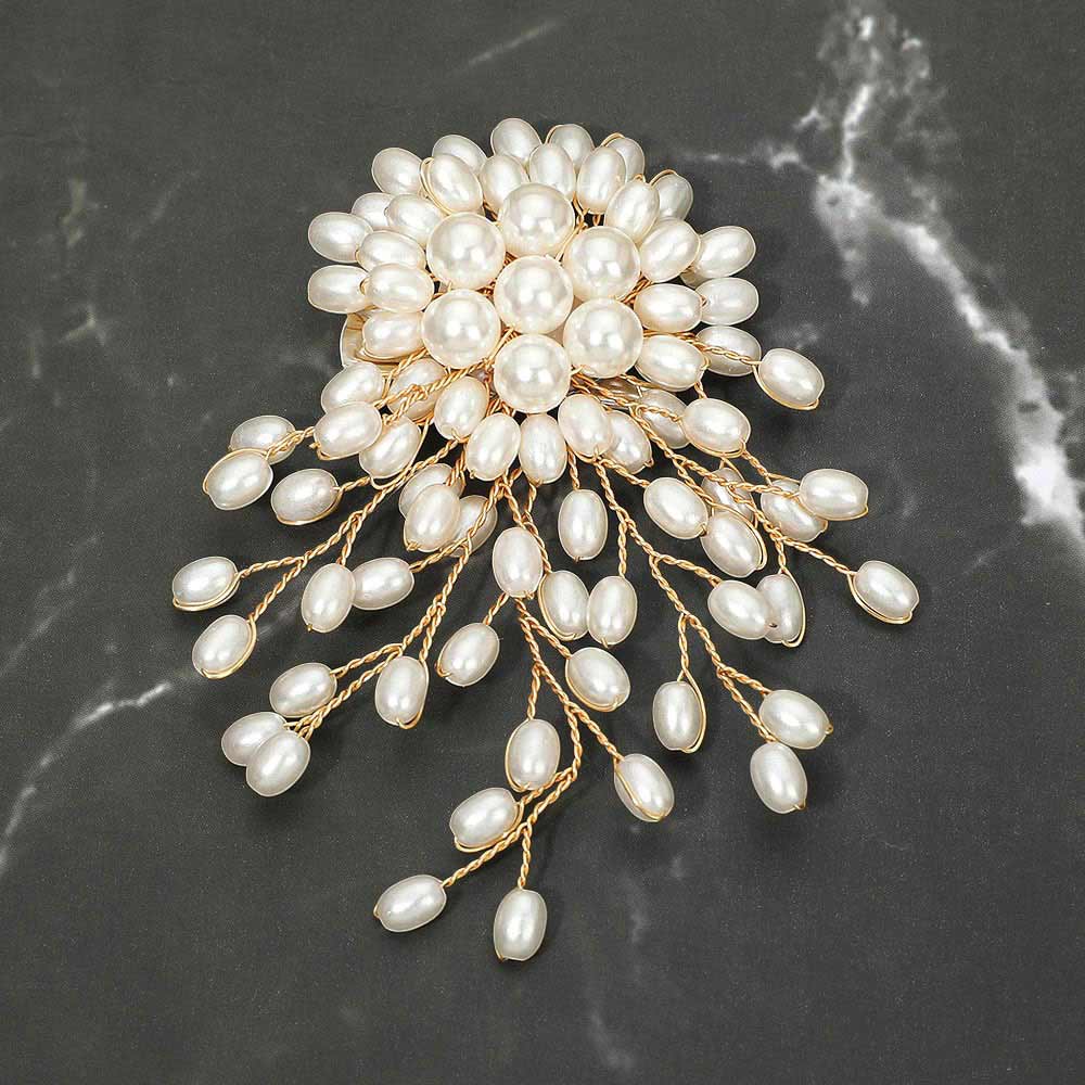 Madeline Love Cream, Gold Floral Pearl Branch Pin Brooch Alligator Snap Hair Clip
