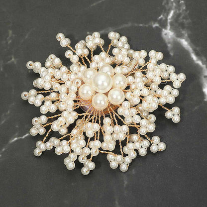 Madeline Love Cream, Gold Pearl Cluster Floral Pin Brooch Alligator Snap Hair Clip - Brooches