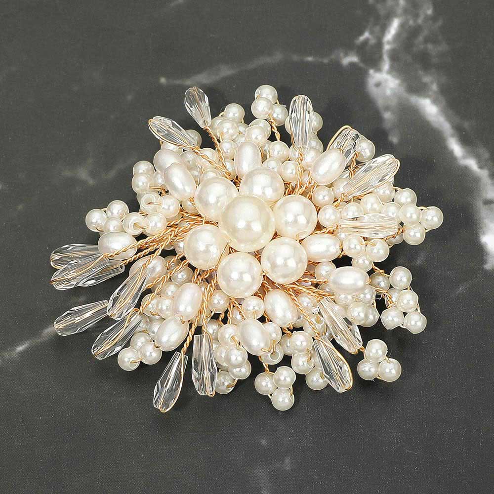 Madeline Love Cream, Gold Pearl Cluster Burst Floral Pin Brooch Alligator Snap Hair Clip