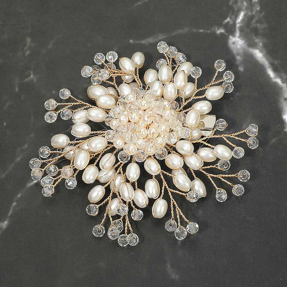 Madeline Love Cream, Gold Pearl Faceted Bead Burst Floral Pin Brooch Alligator Snap Hair Clip - Brooches