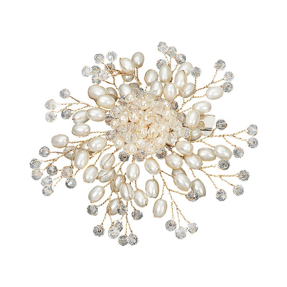 Madeline Love Cream, Gold Pearl Faceted Bead Burst Floral Pin Brooch Alligator Snap Hair Clip - Brooches - desc