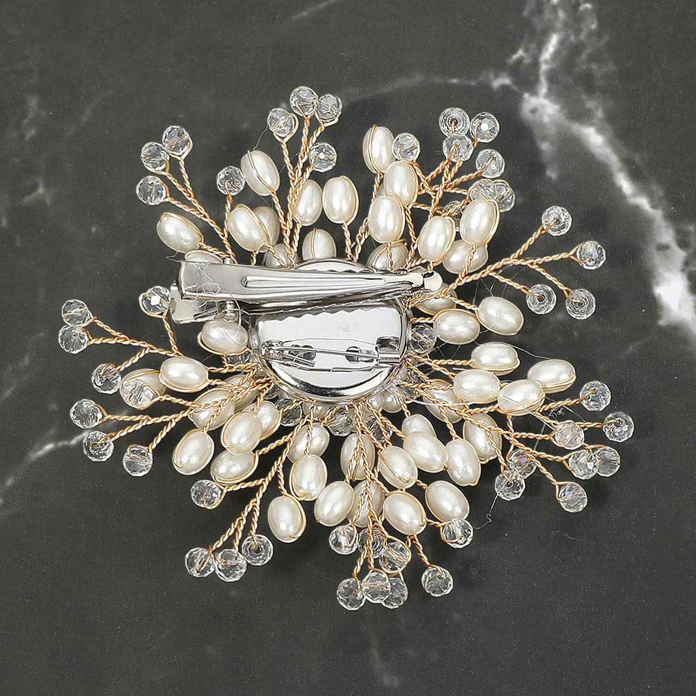 Madeline Love Cream, Gold Pearl Faceted Bead Burst Floral Pin Brooch Alligator Snap Hair Clip - Brooches - extra