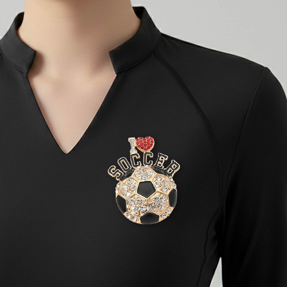 Madeline Love Black, Gold I LOVE SOCCER Rhinestone Pave Pin Brooch - Brooches
