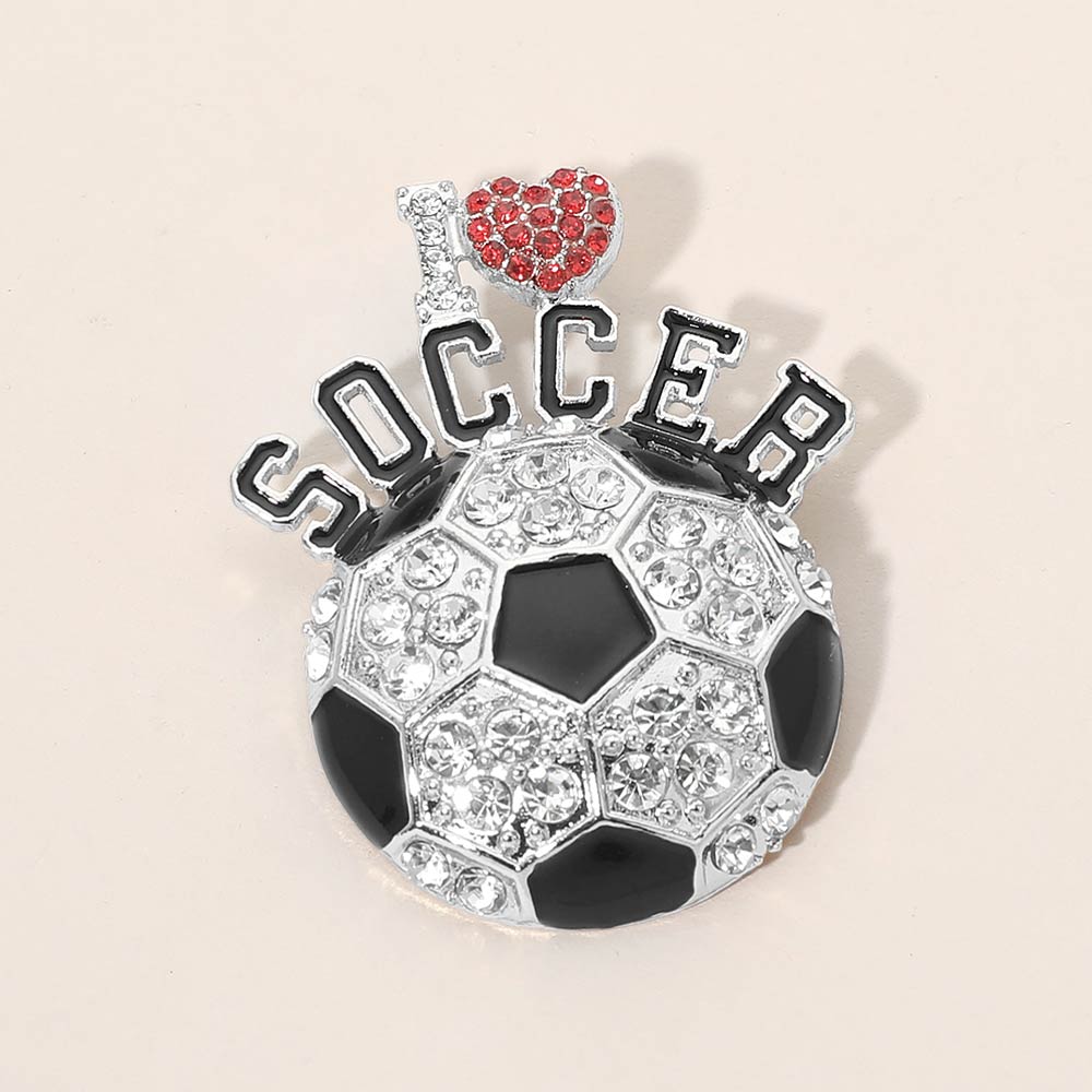 Madeline Love Black, Rhodium I LOVE SOCCER Rhinestone Pave Pin Brooch - Brooches