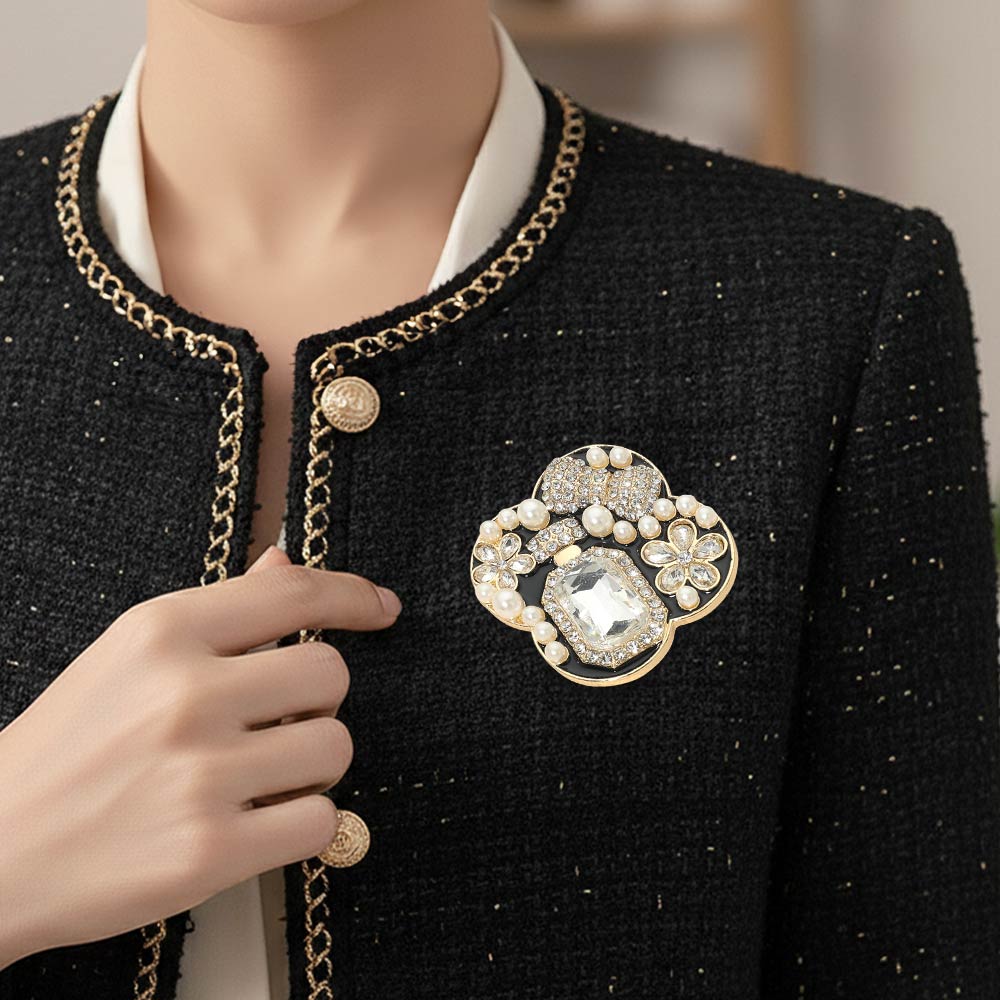 Madeline Love Black, Gold Floral Pearl Bow Embellished Pin Brooch - Brooches