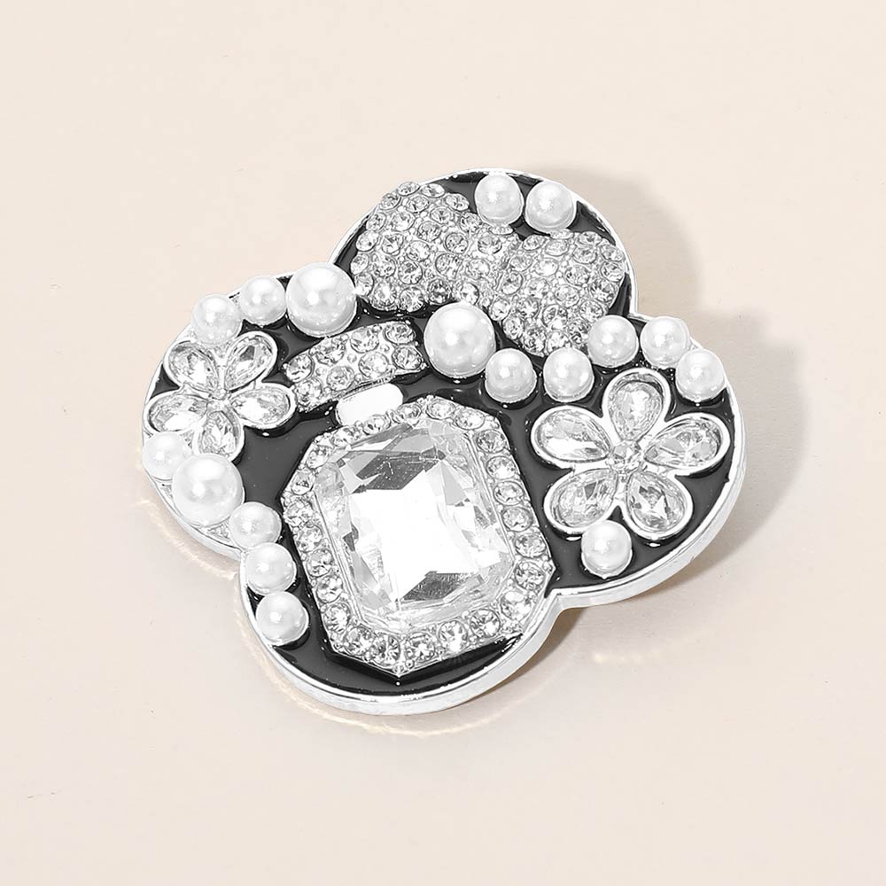 Madeline Love Black, Rhodium Floral Pearl Bow Embellished Pin Brooch - Brooches