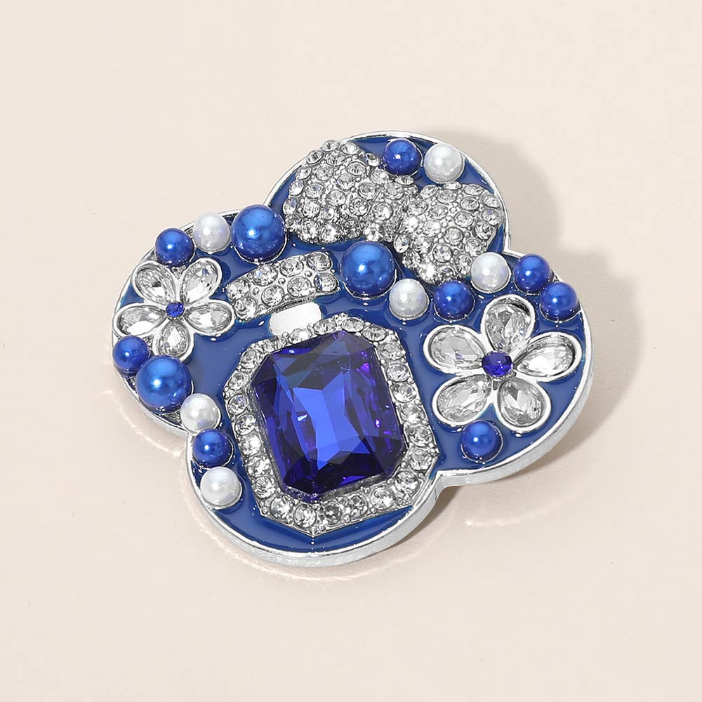 Madeline Love Rhodium, Sapphire Floral Pearl Bow Embellished Pin Brooch - Brooches