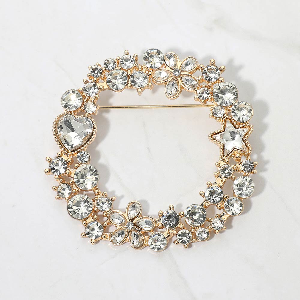 Madeline Love Clear, Gold Rhinestone Star Flower Heart Cluster Wreath Pin Brooch - Brooches