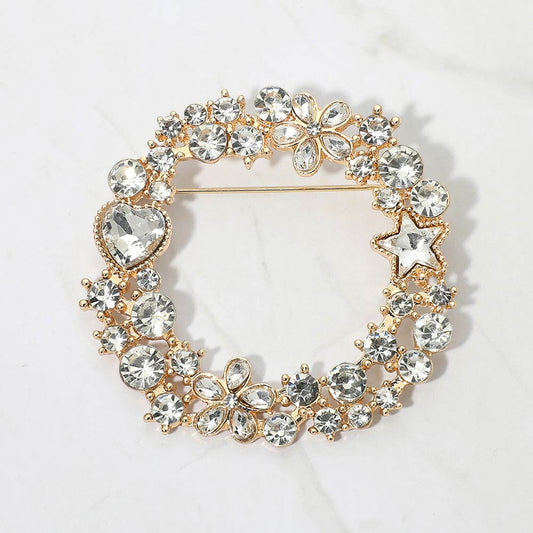 Madeline Love Clear, Gold Rhinestone Star Flower Heart Cluster Wreath Pin Brooch - Brooches