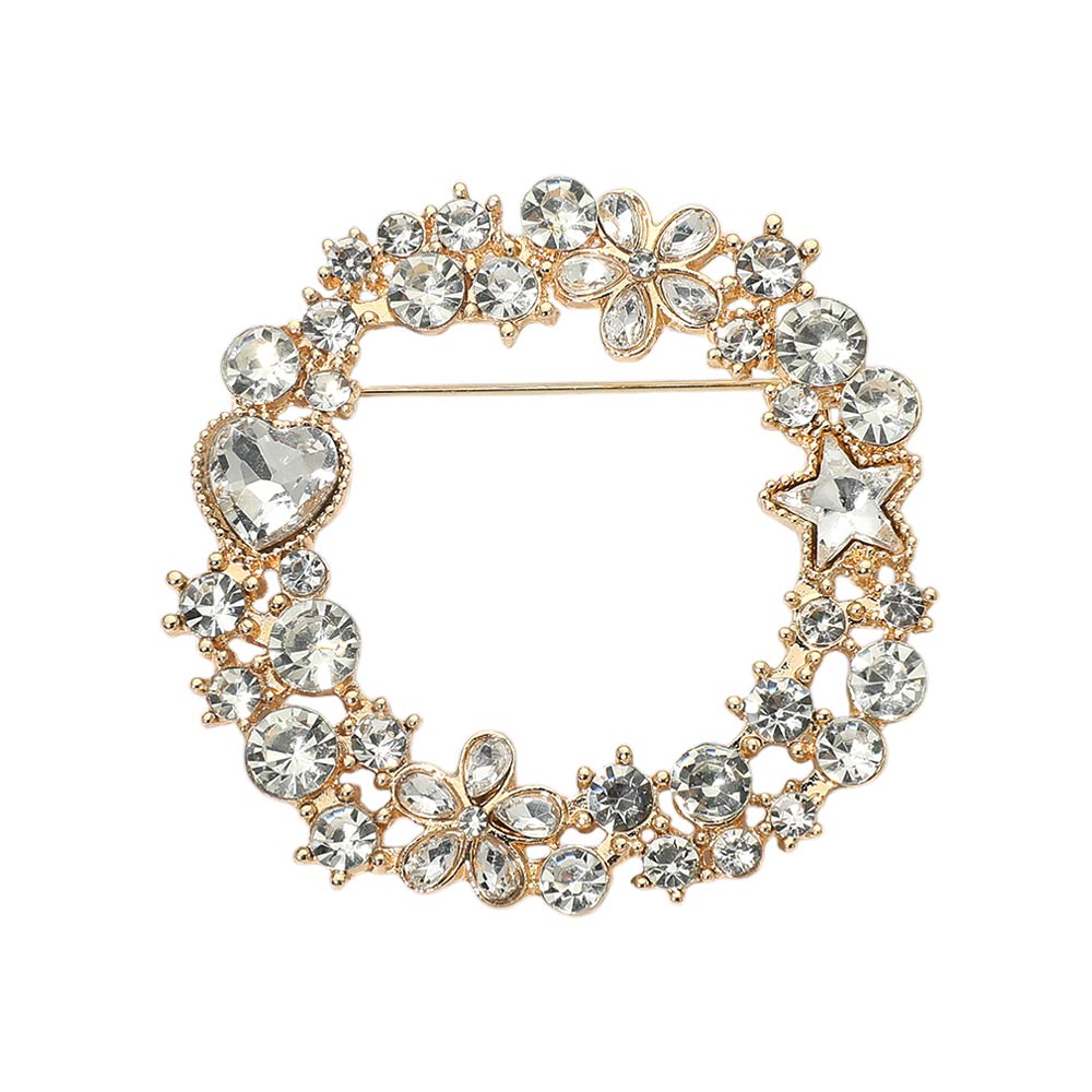 Madeline Love Clear, Gold Rhinestone Star Flower Heart Cluster Wreath Pin Brooch - Brooches - desc