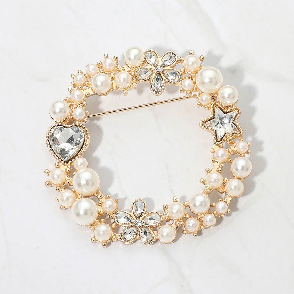 Madeline Love Cream, Gold Rhinestone Star Flower Heart Cluster Wreath Pin Brooch - Brooches - desc
