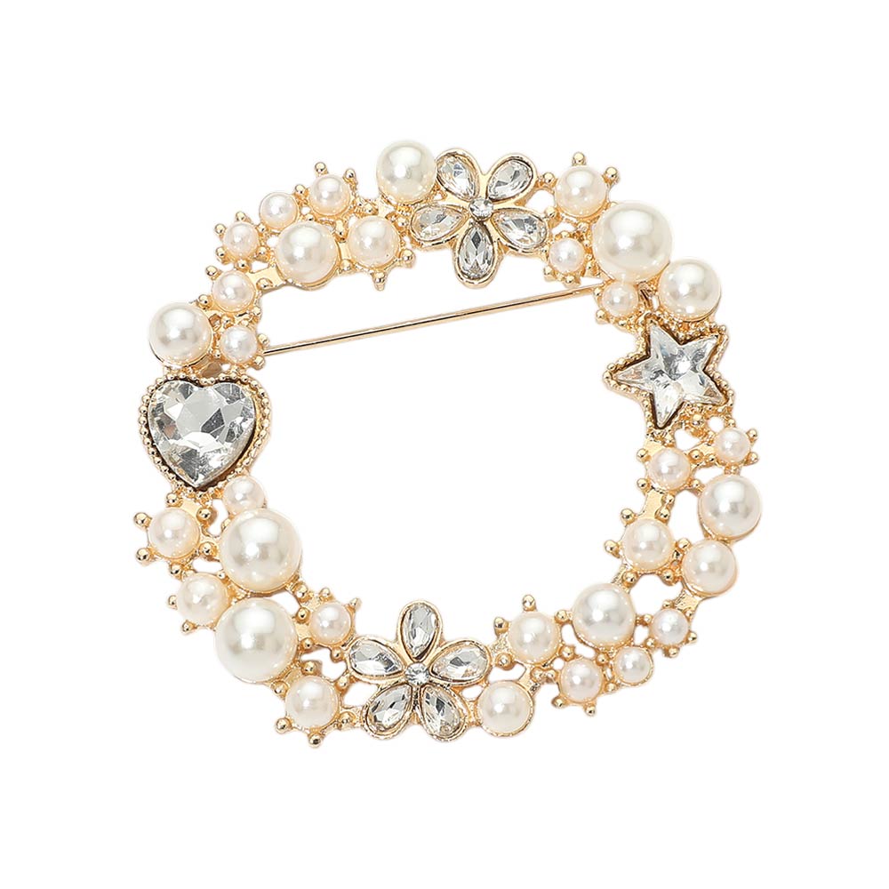 Madeline Love Cream, Gold Rhinestone Star Flower Heart Cluster Wreath Pin Brooch - Brooches - extra