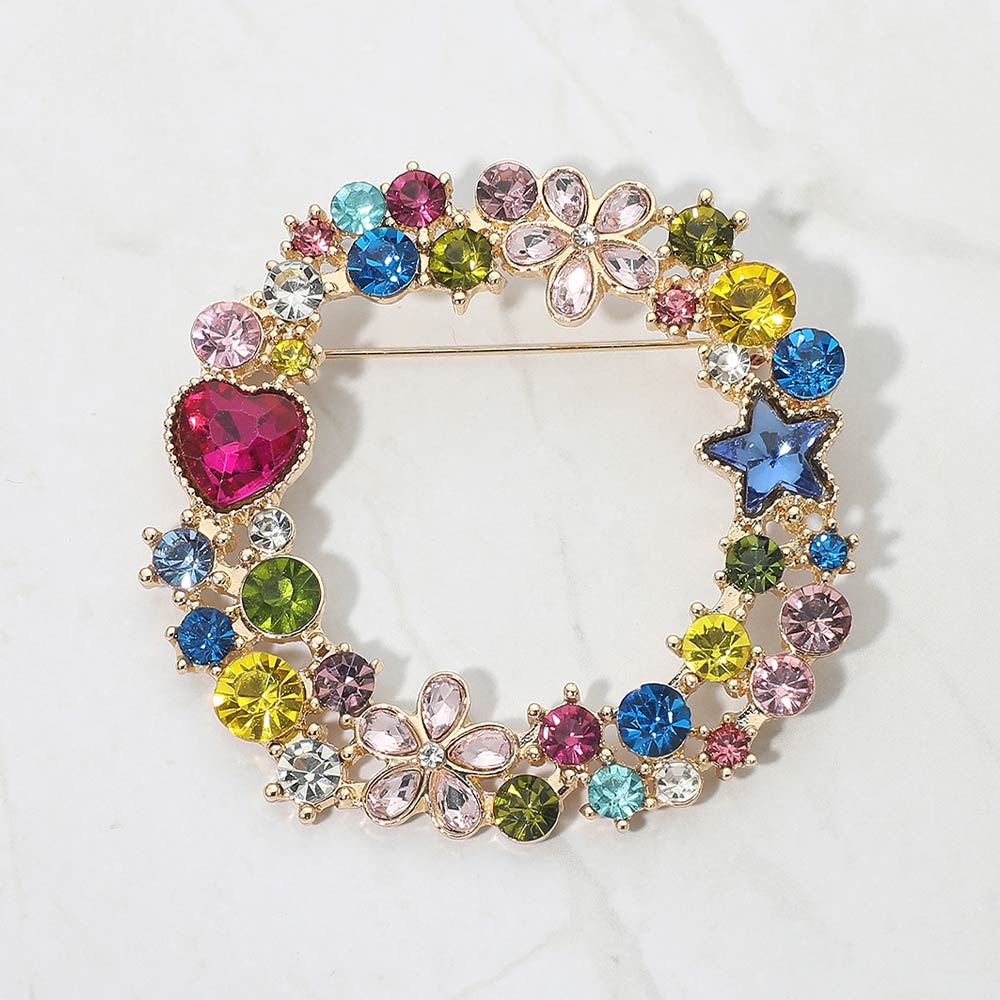 Madeline Love Gold, Multi Rhinestone Star Flower Heart Cluster Wreath Pin Brooch - Brooches