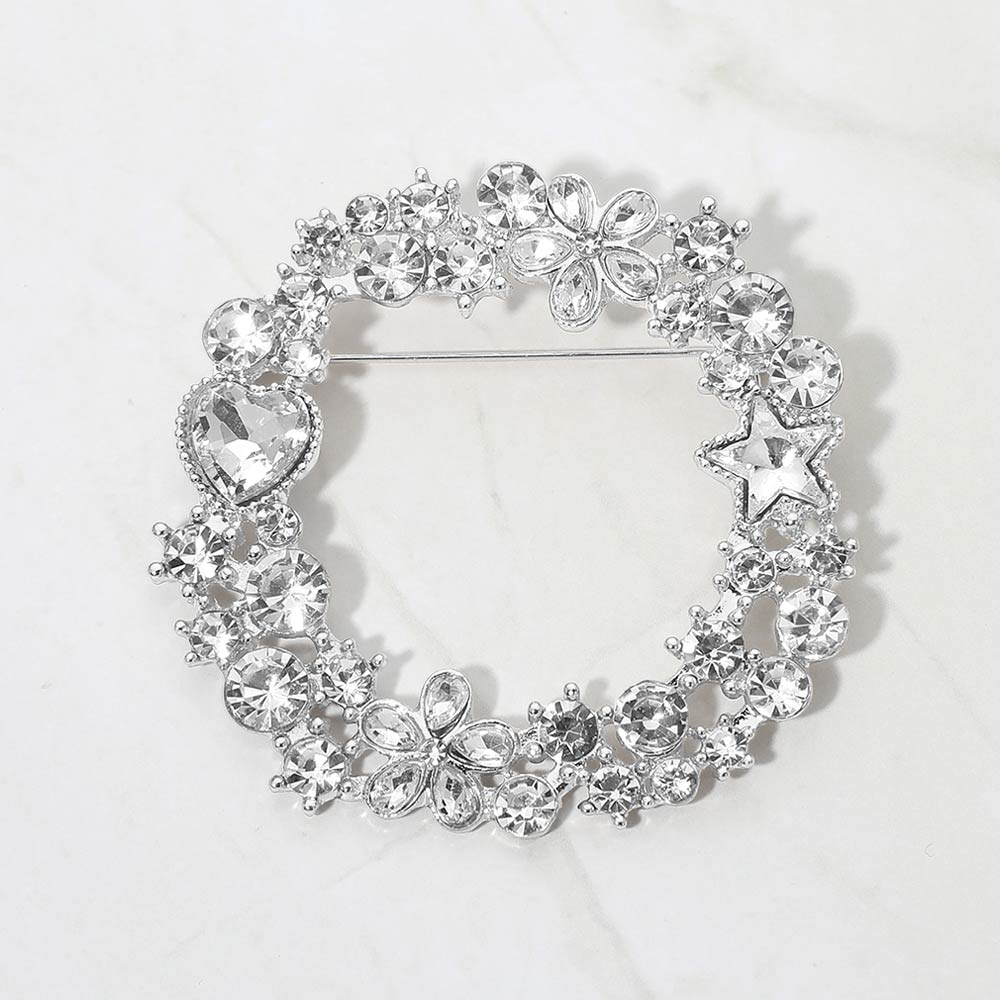 Madeline Love Clear, Rhodium Rhinestone Star Flower Heart Cluster Wreath Pin Brooch - Brooches