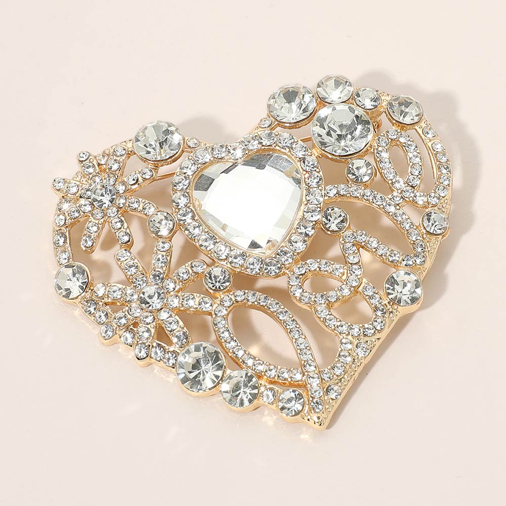 Madeline Love Clear, Gold Rhinestone Embellished Heart Pin Brooch - Brooches