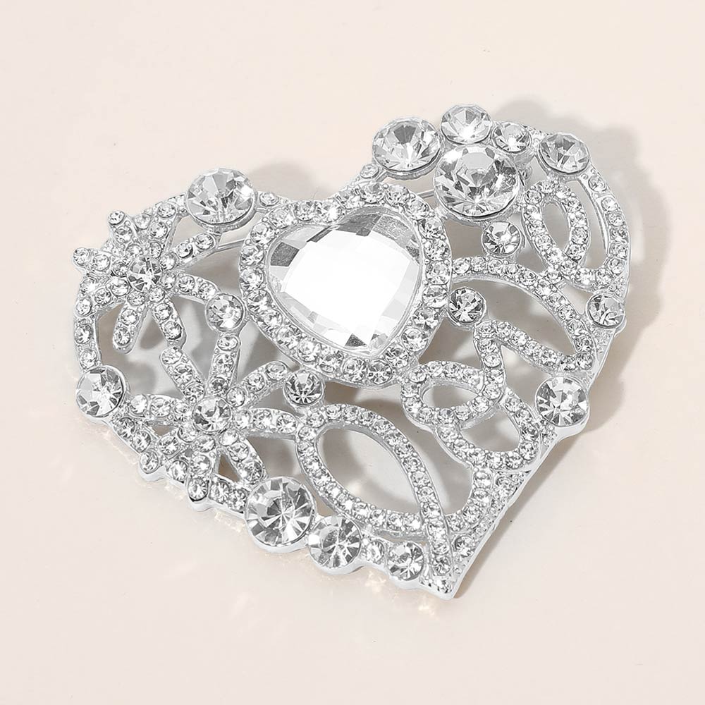 Madeline Love Clear, Rhodium Rhinestone Embellished Heart Pin Brooch - Brooches