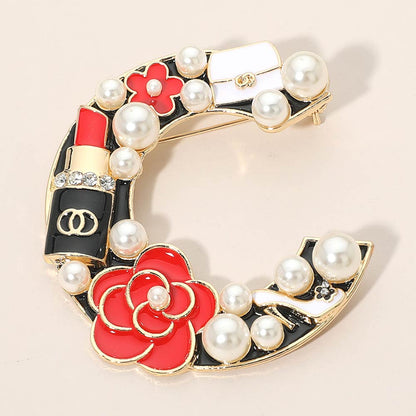Madeline Love Gold, Red Pearl Lipstick Flower Embellished Letter C Pin Brooch - Brooches