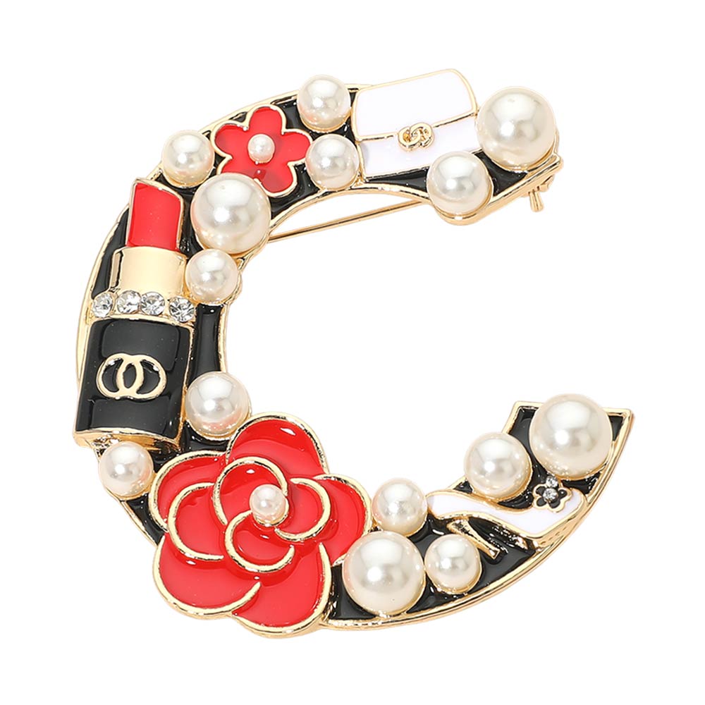 Madeline Love Gold, Red Pearl Lipstick Flower Embellished Letter C Pin Brooch - Brooches - desc