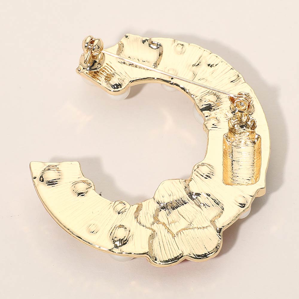 Madeline Love Gold, Red Pearl Lipstick Flower Embellished Letter C Pin Brooch - Brooches - extra