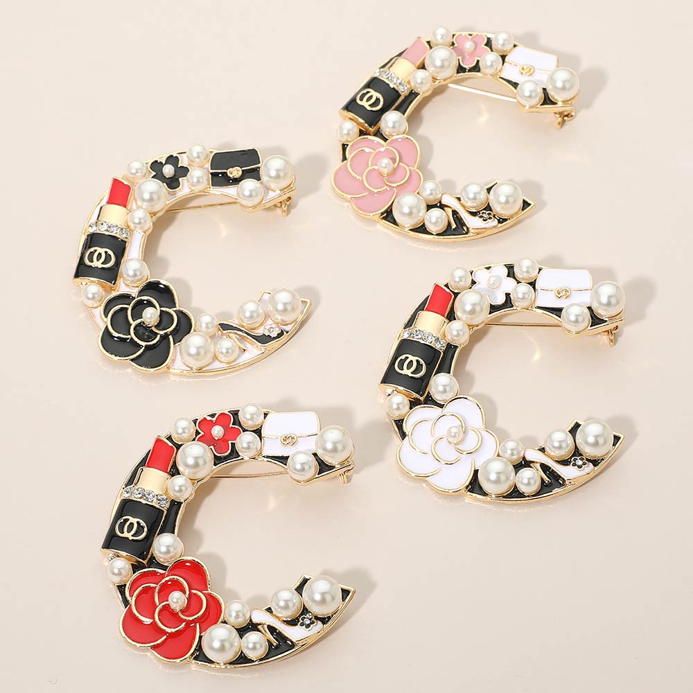 Madeline Love Gold, Red Pearl Lipstick Flower Embellished Letter C Pin Brooch - Brooches - extra