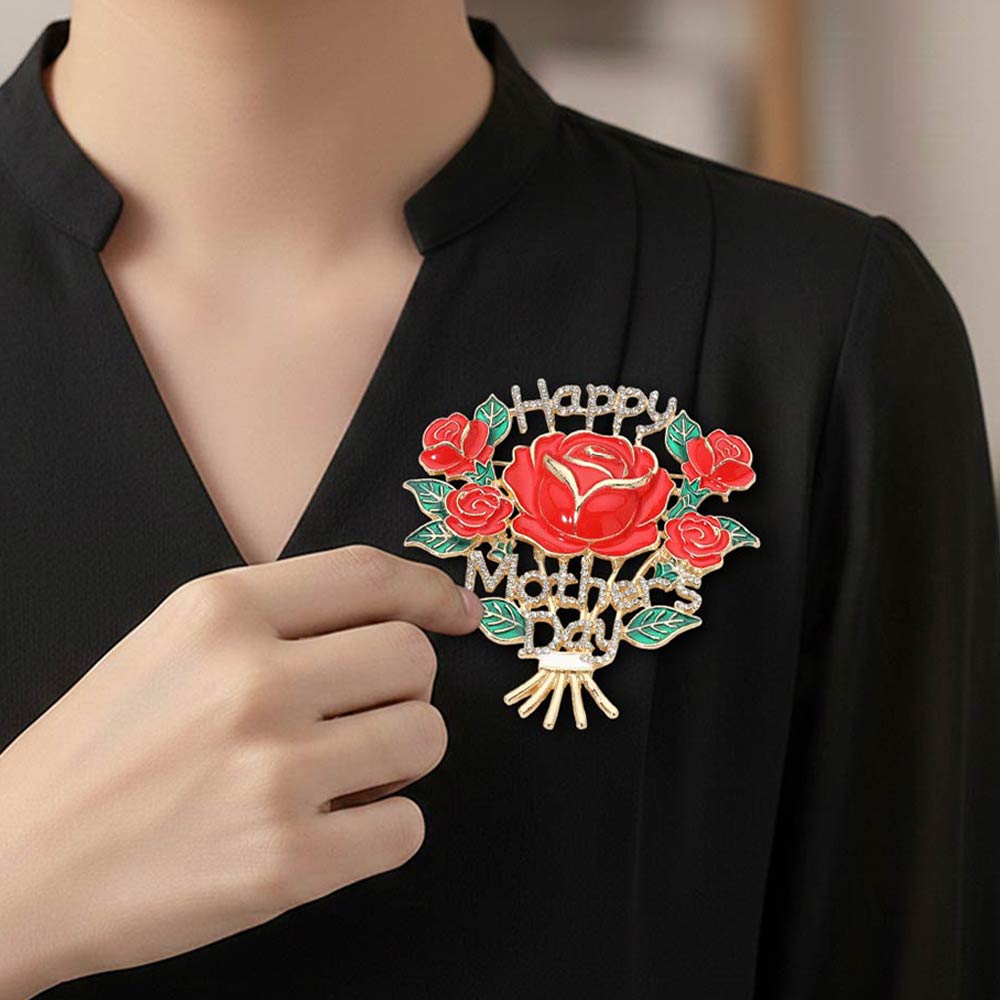 Madeline Love Clear, Gold HAPPY MOTHERS DAY Rose Bouquet Pin Brooch - Brooches
