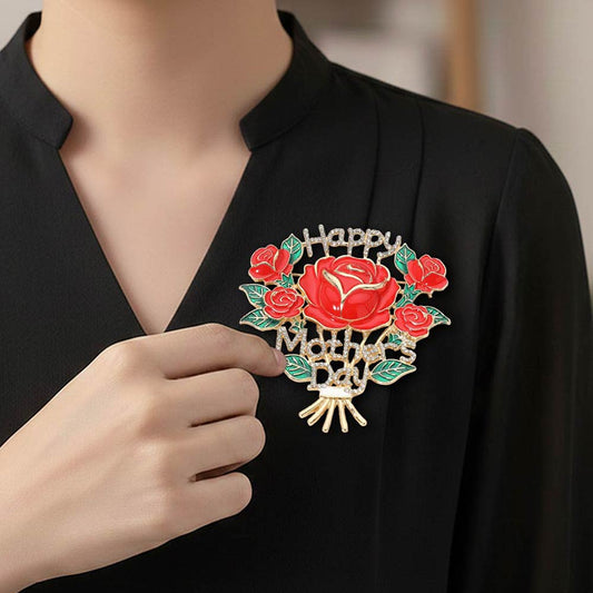Madeline Love Clear, Gold HAPPY MOTHERS DAY Rose Bouquet Pin Brooch - Brooches