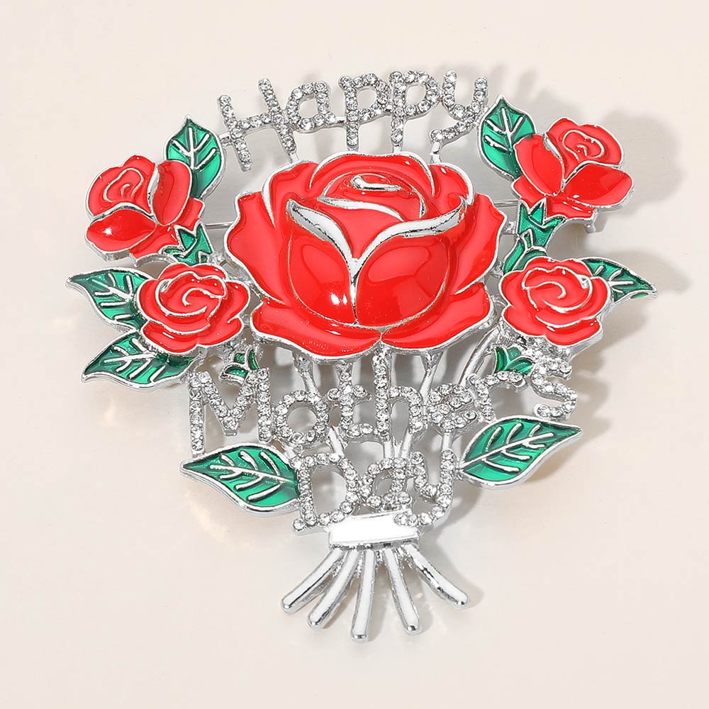Madeline Love Clear, Rhodium HAPPY MOTHERS DAY Rose Bouquet Pin Brooch - Brooches