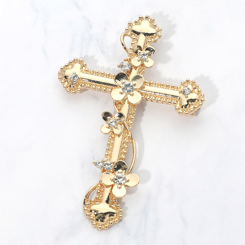 Madeline Love Clear, Gold Bold Floral Rhinestone Cross Statement Pin Brooch