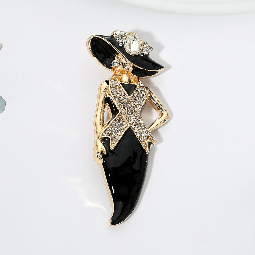 Madeline Love Black, Clear, Gold Breast Cancer Awareness Pink Ribbon Accent Lady Pin Brooch