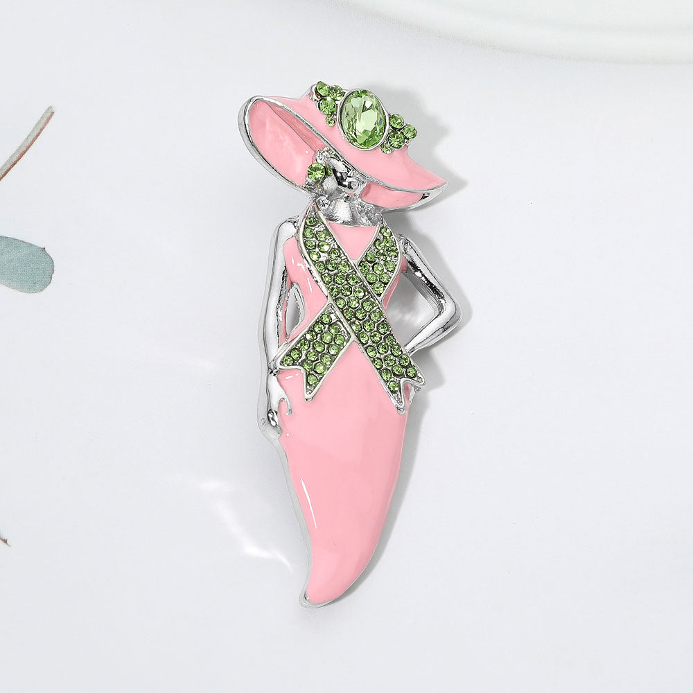 Madeline Love Pink&Green, Rhodium Breast Cancer Awareness Pink Ribbon Accent Lady Pin Brooch
