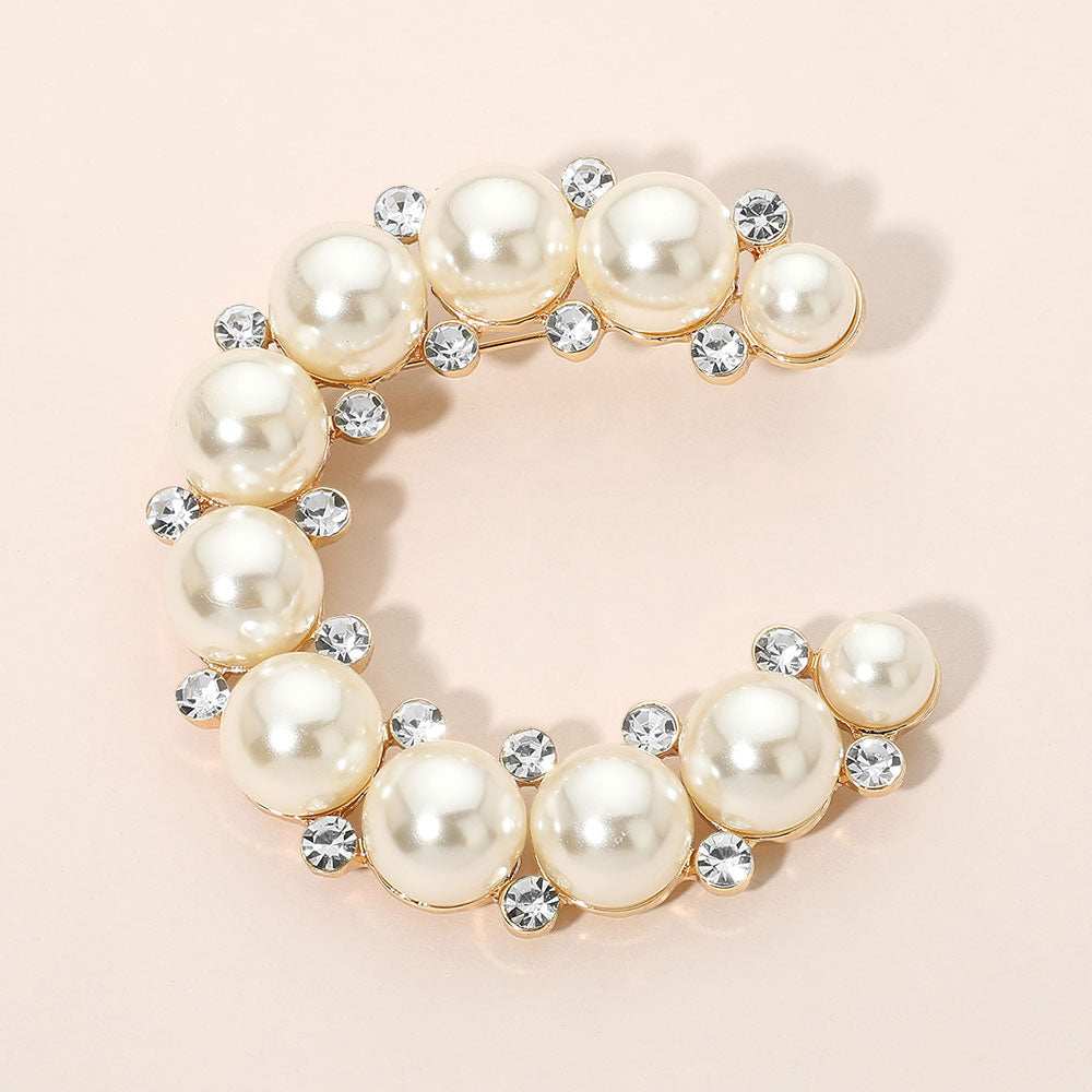 Madeline Love Cream, Gold Pearl Rhinestone C-Shaped Pin Brooch