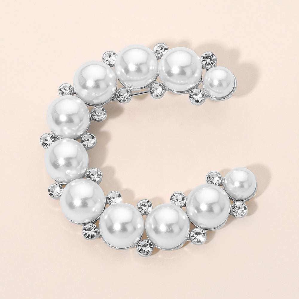 Madeline Love Rhodium, White Pearl Rhinestone C-Shaped Pin Brooch