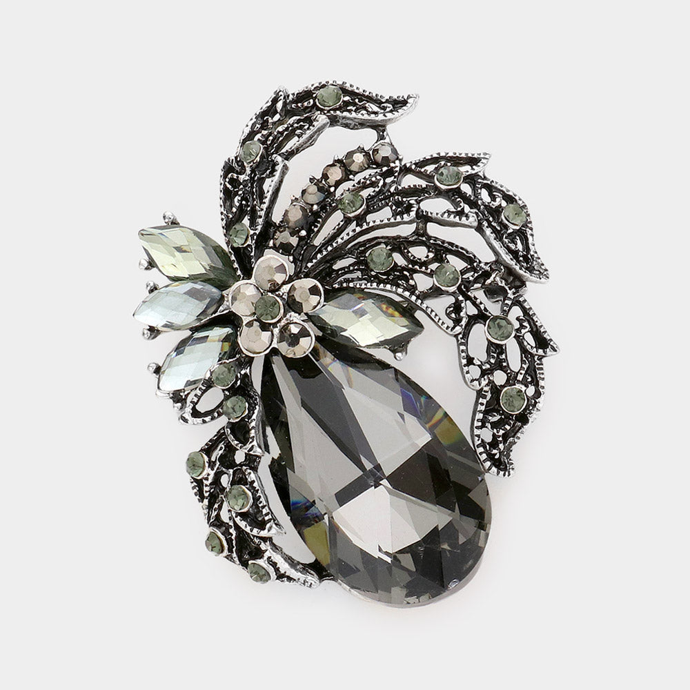 Madeline Love Black Diamond Teardrop Stone Accented Leaf Pin Brooch - Brooches