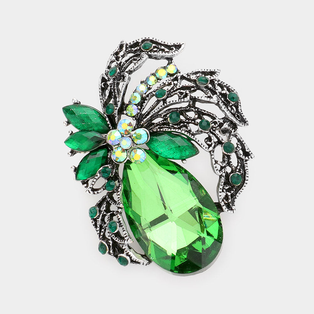 Madeline Love Green Teardrop Stone Accented Leaf Pin Brooch - Brooches