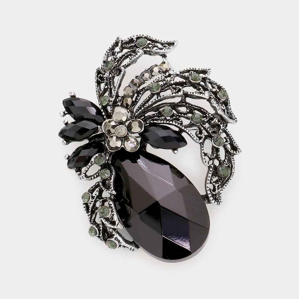 Madeline Love Jet Black Teardrop Stone Accented Leaf Pin Brooch - Brooches
