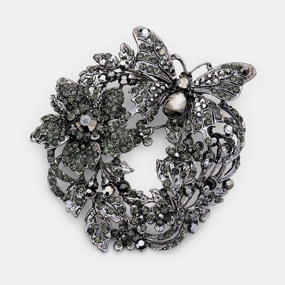 Madeline Love Black Diamond Rhinestone Butterfly Flower Leaf Pin Brooch  / Pendant - Brooches